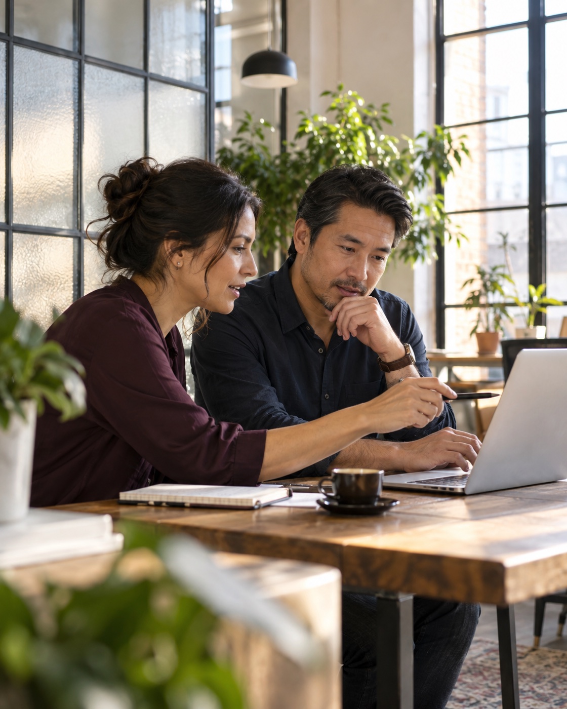 Two colleagues working through an idea together at a laptop